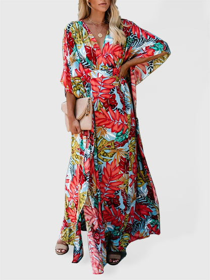 Dress- Vacation Floral Surplice Cotton Maxi Dress- Orange Red- Pekosa Women Clothing