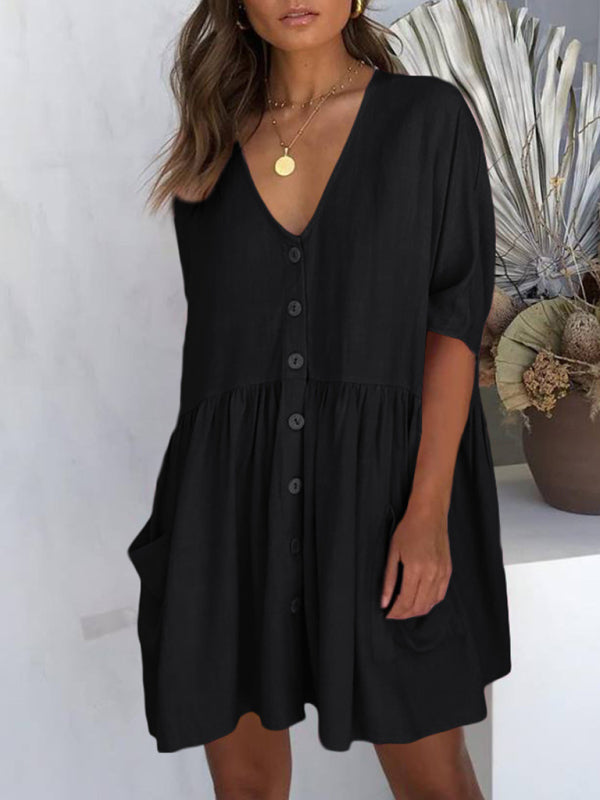 Dress- Vacation Solid Cotton Flowy Button-Up Oversized Dress- Black- Pekosa Women Clothing