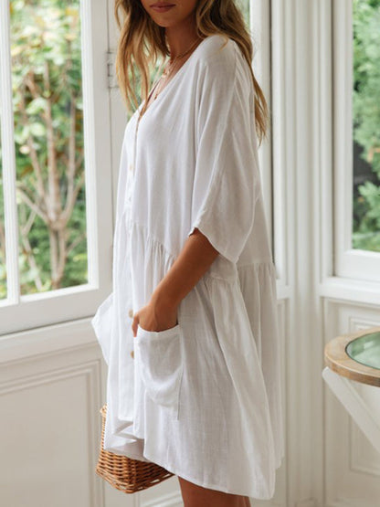 Dress- Vacation Solid Cotton Flowy Button-Up Oversized Dress- - Pekosa Women Clothing