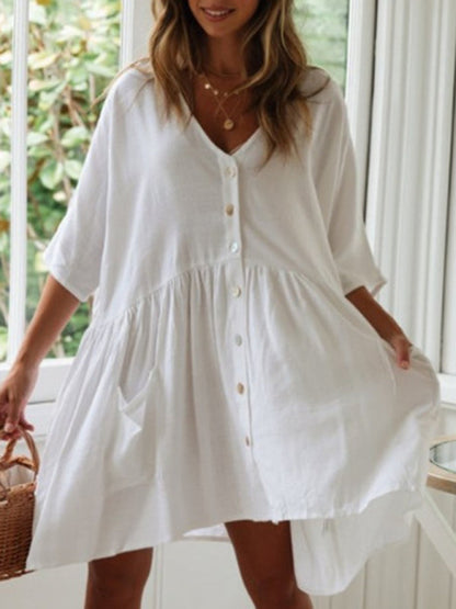 Dress- Vacation Solid Cotton Flowy Button-Up Oversized Dress- White- Pekosa Women Clothing