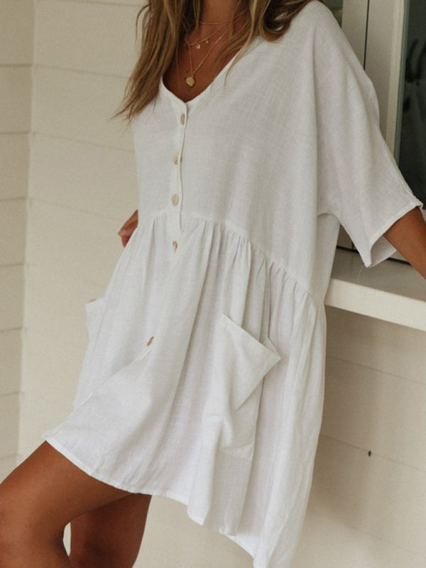 Dress- Vacation Solid Cotton Flowy Button-Up Oversized Dress- - Pekosa Women Clothing