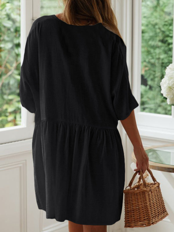 Dress- Vacation Solid Cotton Flowy Button-Up Oversized Dress- - Pekosa Women Clothing