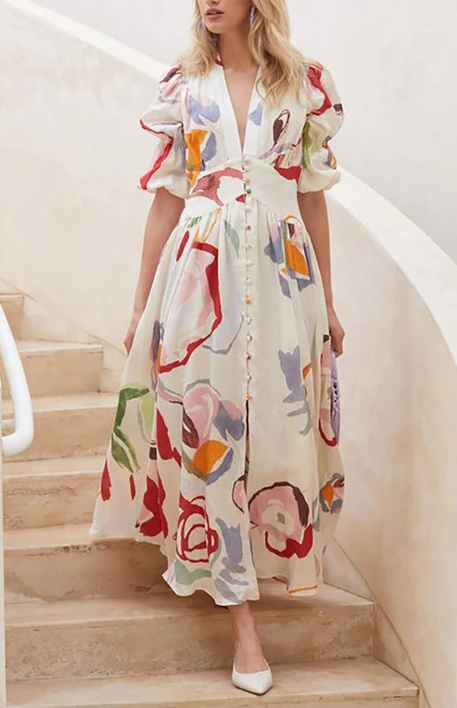 Dress- Vibrant Elegance: Women's Flowy Skirt Short Puffed Sleeves Maxi Dress- Print on white- Pekosa Women Clothing