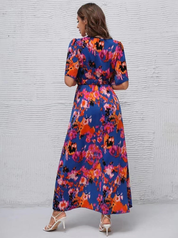 Dress- Vibrant Floral Surpliced V Neck Maxi Vacation Dress- - Pekosa Women Clothing