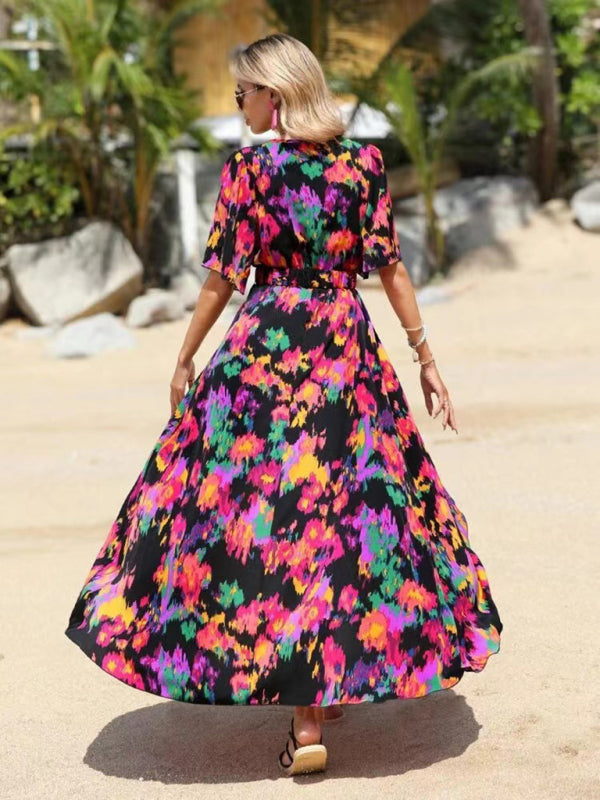 Dress- Vibrant Floral Surpliced V Neck Maxi Vacation Dress- - Pekosa Women Clothing