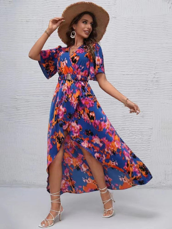 Dress- Vibrant Floral Surpliced V Neck Maxi Vacation Dress- - Pekosa Women Clothing