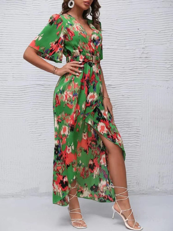 Dress- Vibrant Floral Surpliced V Neck Maxi Vacation Dress- Green- Pekosa Women Clothing