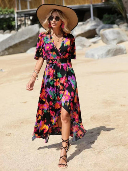 Dress- Vibrant Floral Surpliced V Neck Maxi Vacation Dress- Black- Pekosa Women Clothing