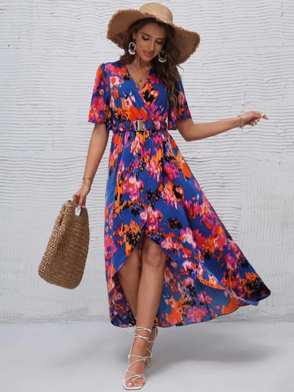 Dress- Vibrant Floral Surpliced V Neck Maxi Vacation Dress- Blue- Pekosa Women Clothing