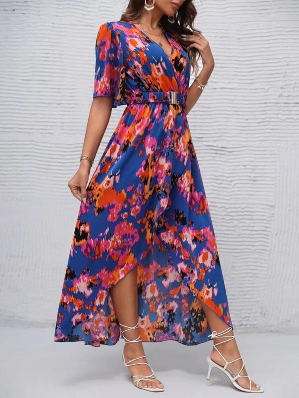 Dress- Vibrant Floral Surpliced V Neck Maxi Vacation Dress- - Pekosa Women Clothing