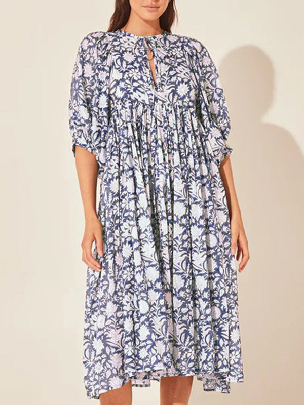 Dress- Vintage-inspired Floral Flowy Balloon Sleeve Midi Dress- Purplish blue navy- Pekosa Women Clothing