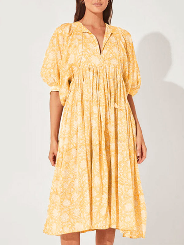 Dress- Vintage-inspired Floral Flowy Balloon Sleeve Midi Dress- Yellow- Pekosa Women Clothing