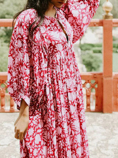 Dress- Vintage-inspired Floral Flowy Balloon Sleeve Midi Dress- - Pekosa Women Clothing