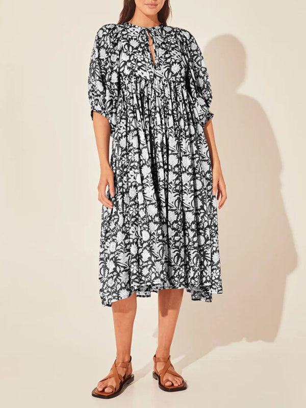 Dress- Vintage-inspired Floral Flowy Balloon Sleeve Midi Dress- Black- Pekosa Women Clothing