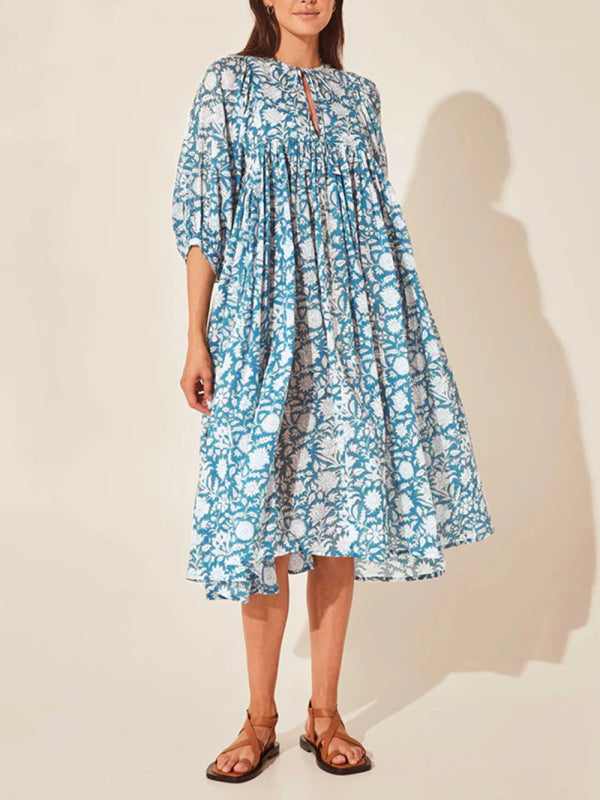 Dress- Vintage-inspired Floral Flowy Balloon Sleeve Midi Dress- Blue- Pekosa Women Clothing