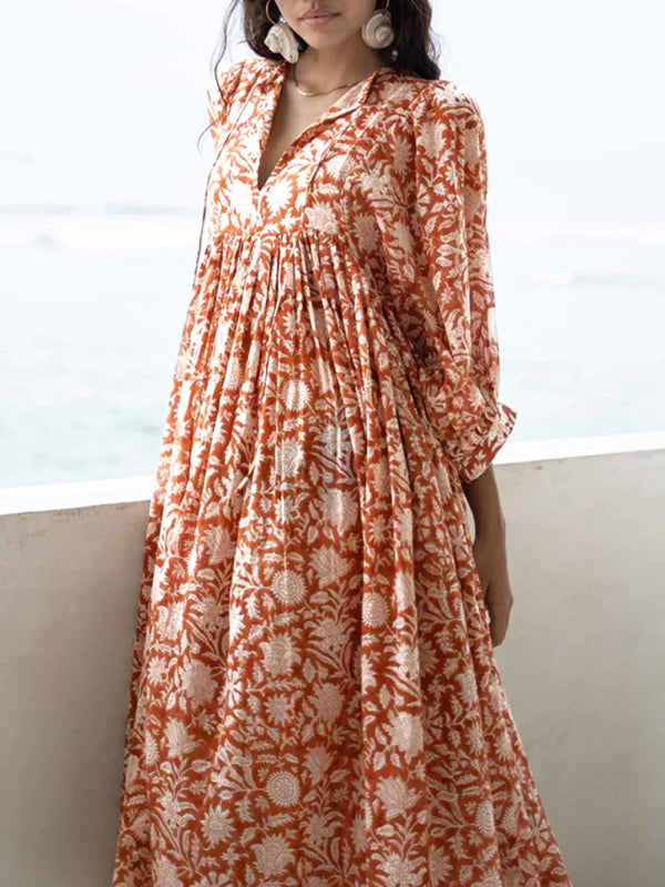 Dress- Vintage-inspired Floral Flowy Balloon Sleeve Midi Dress- Orange- Pekosa Women Clothing