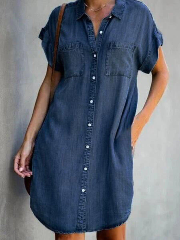 Dress- Women's Casual Denim Jean Mini Shirt Dresses- Dark blue- Pekosa Women Clothing