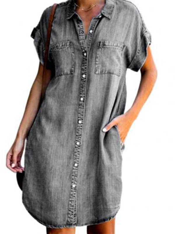 Dress- Women's Casual Denim Jean Mini Shirt Dresses- Grey- Pekosa Women Clothing