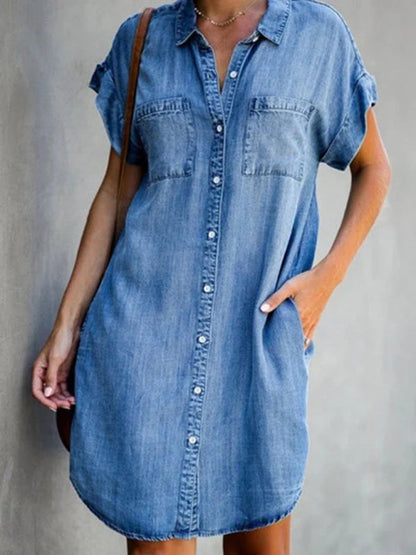 Dress- Women's Casual Denim Jean Mini Shirt Dresses- Blue- Pekosa Women Clothing