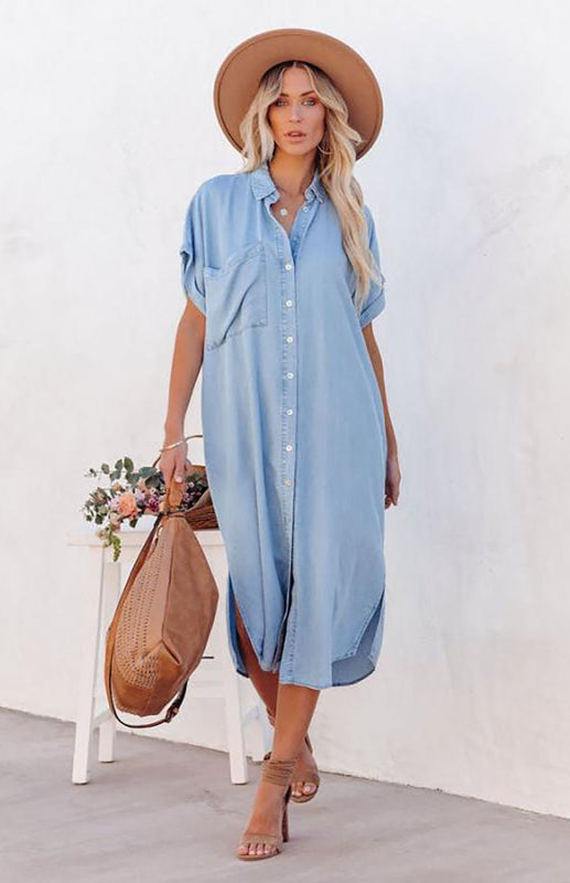 Dress- Women's Chambray Shirt Dress - Timeless Fashion, Maximum Comfort!- Blue- Pekosa Women Clothing