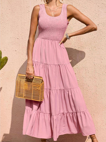 Dress- Women's Maxi Tank Dress with Tiered Ruffle Skirt- Pink- Pekosa Women Clothing