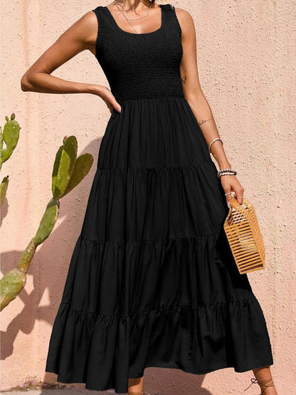 Dress- Women's Maxi Tank Dress with Tiered Ruffle Skirt- Black- Pekosa Women Clothing