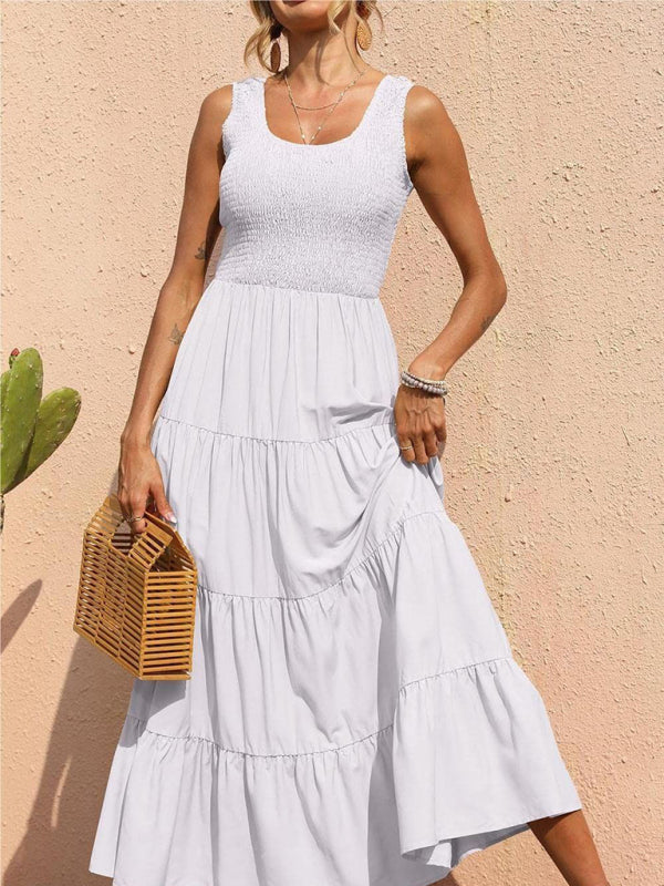 Dress- Women's Maxi Tank Dress with Tiered Ruffle Skirt- White- Pekosa Women Clothing