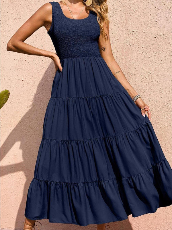 Dress- Women's Maxi Tank Dress with Tiered Ruffle Skirt- Navy Blue- Pekosa Women Clothing