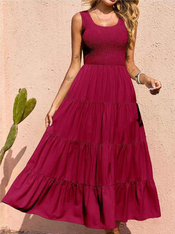 Dress- Women's Maxi Tank Dress with Tiered Ruffle Skirt- Wine Red- Pekosa Women Clothing