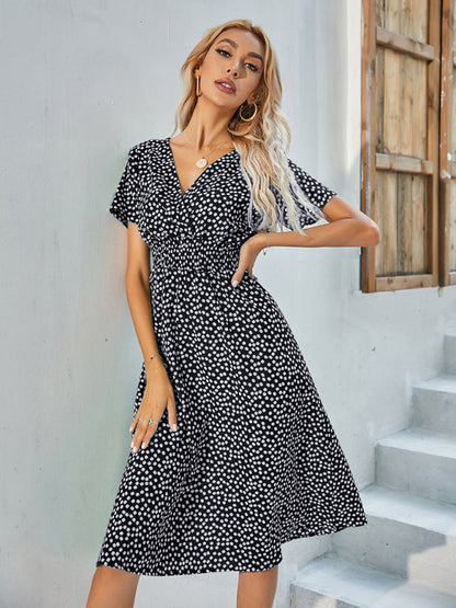 Dresses- Abstract Print Smocked Waist A-Line Midi Dress- - Pekosa Women Clothing