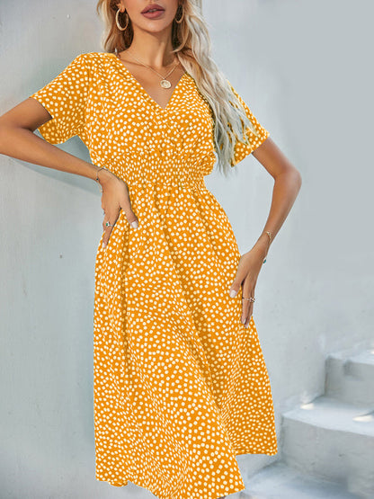 Dresses- Abstract Print Smocked Waist A-Line Midi Dress- Yellow- Pekosa Women Clothing