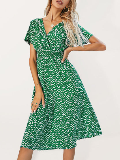 Dresses- Abstract Print Smocked Waist A-Line Midi Dress- Green- Pekosa Women Clothing