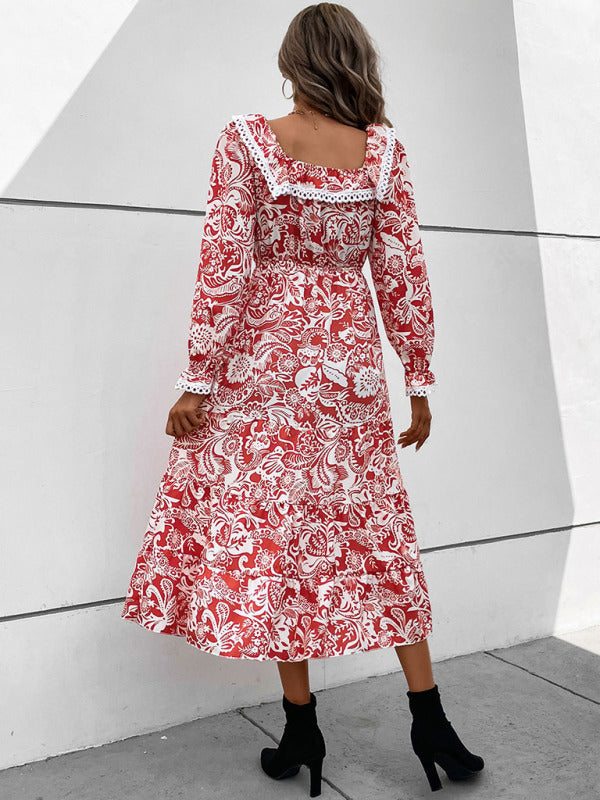 Dresses- Autumn Embroidered Square Neck Long Sleeve Midi Dress- - Pekosa Women Clothing