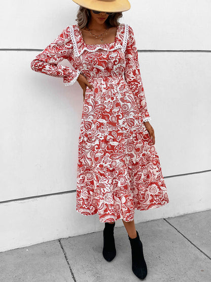 Dresses- Autumn Embroidered Square Neck Long Sleeve Midi Dress- - Pekosa Women Clothing