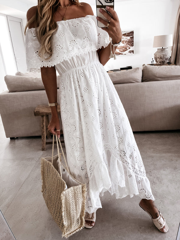 Dresses- Bohemian Lace Trim Off-Shoulder Midi Maxi Dress- - Pekosa Women Clothing