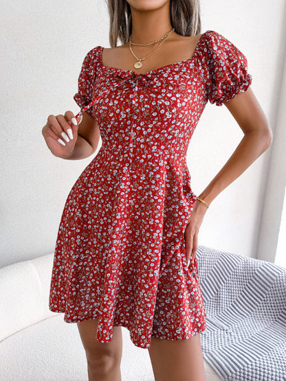 Dresses- Chic and Comfy Floral A-Line Dress with Tie Front and Square Open Back- Red- Pekosa Women Clothing