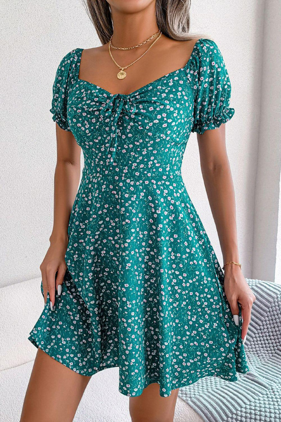 Dresses- Chic and Comfy Floral A-Line Dress with Tie Front and Square Open Back- - Pekosa Women Clothing