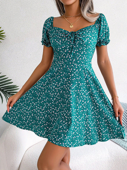 Dresses- Chic and Comfy Floral A-Line Dress with Tie Front and Square Open Back- Green- Pekosa Women Clothing