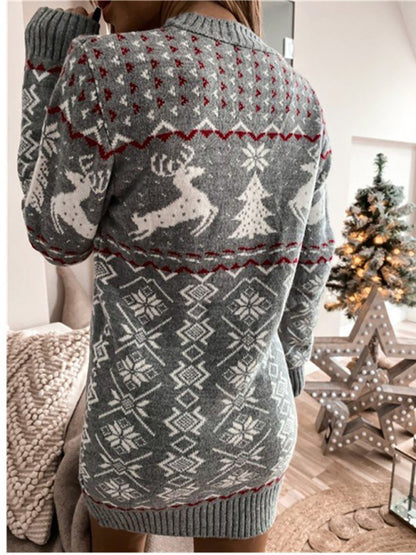 Dresses- Christmas Elk Reindeer Knit Cozy Xmas Tree Sweater Dress- - Pekosa Women Clothing