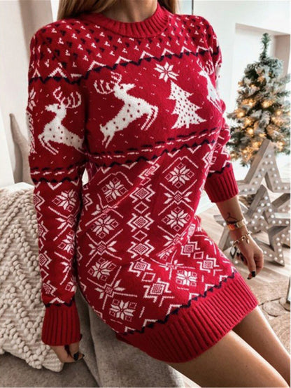 Dresses- Christmas Elk Reindeer Knit Cozy Xmas Tree Sweater Dress- - Pekosa Women Clothing