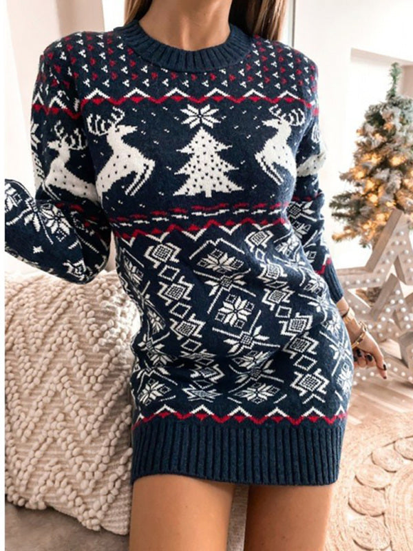 Dresses- Christmas Elk Reindeer Knit Cozy Xmas Tree Sweater Dress- Champlain Blue- Pekosa Women Clothing