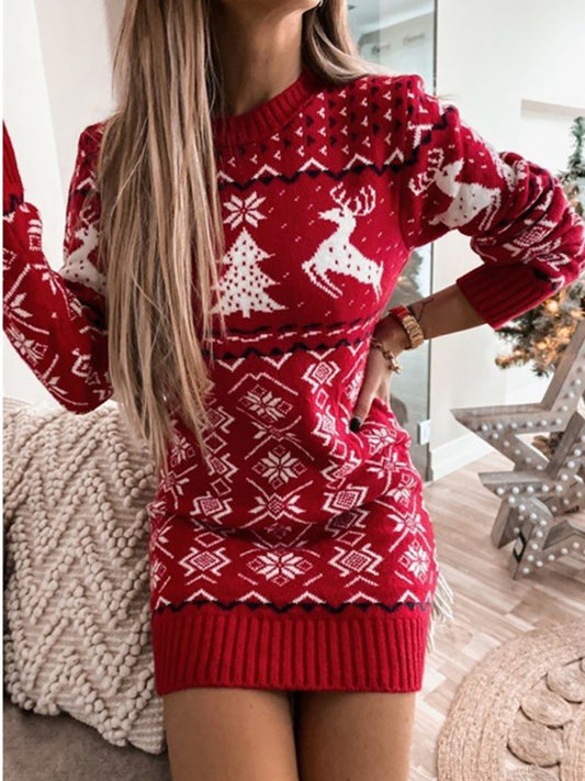 Dresses- Christmas Elk Reindeer Knit Cozy Xmas Tree Sweater Dress- Red- Pekosa Women Clothing