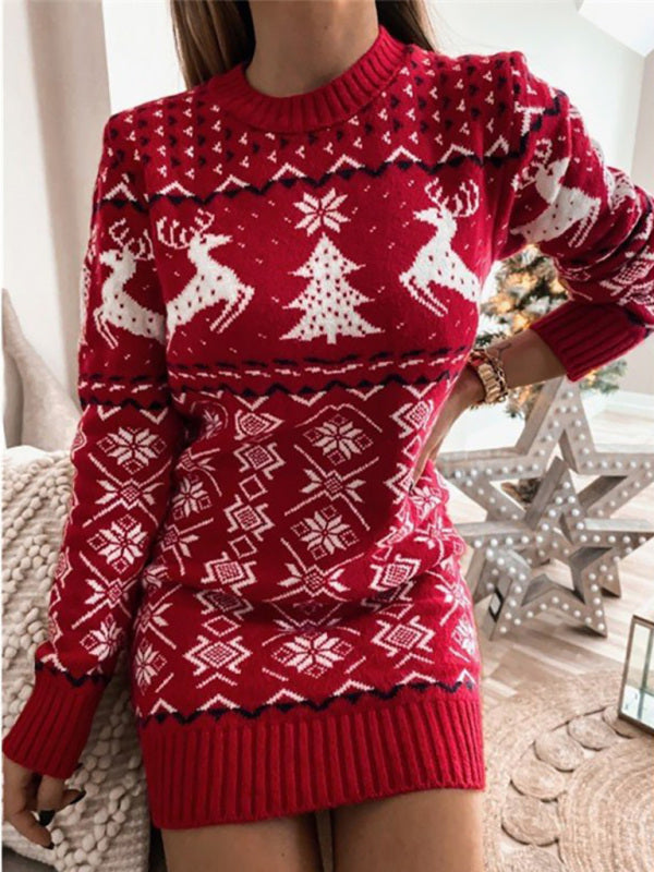 Dresses- Christmas Elk Reindeer Knit Cozy Xmas Tree Sweater Dress- - Pekosa Women Clothing