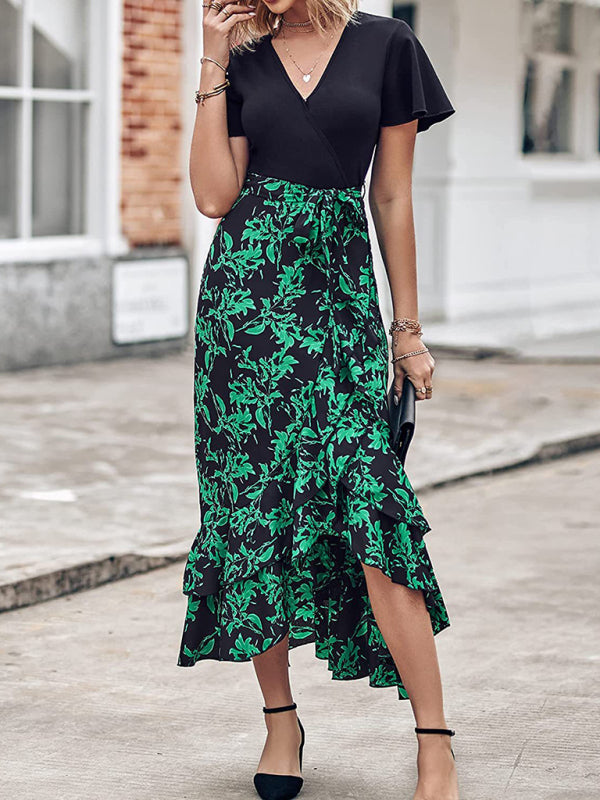 Dresses- Elegant Floral Wrap Dress with Asymmetrical High-Low, Ruffle Trim- Green- Pekosa Women Clothing