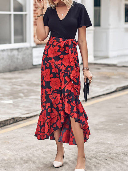 Dresses- Elegant Floral Wrap Dress with Asymmetrical High-Low, Ruffle Trim- Red- Pekosa Women Clothing