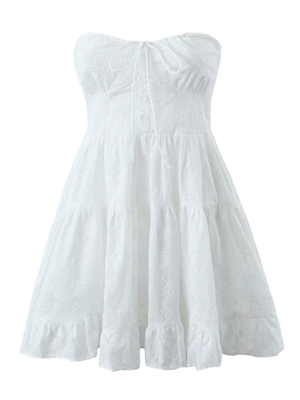 Dresses- Embroidery Cotton Fit and Flare Tiered Strapless Tube Dress- - Pekosa Women Clothing