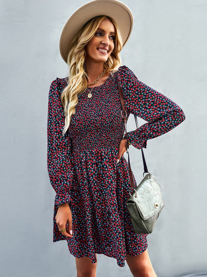 Dresses- Floral Print Mini Dress with Puff Sleeves and Tiered Skirt- Blue- Pekosa Women Clothing