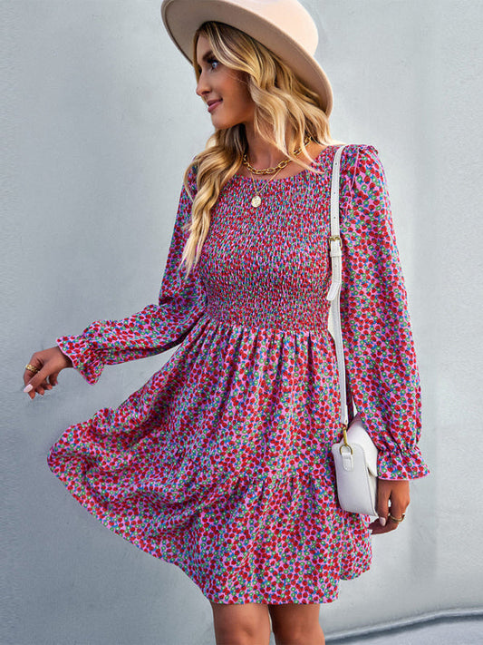 Dresses- Floral Print Mini Dress with Puff Sleeves and Tiered Skirt- Pink- Pekosa Women Clothing