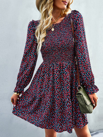 Dresses- Floral Print Mini Dress with Puff Sleeves and Tiered Skirt- - Pekosa Women Clothing