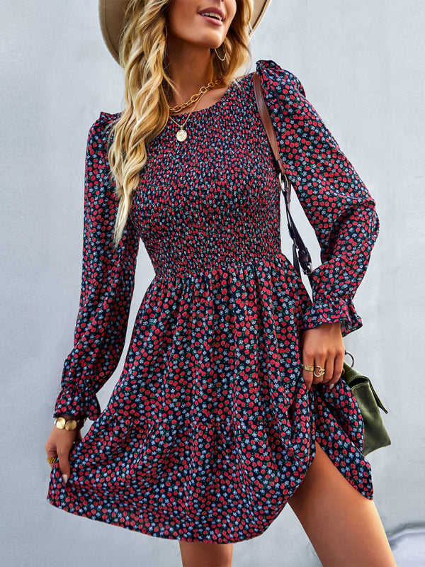 Dresses- Floral Print Mini Dress with Puff Sleeves and Tiered Skirt- - Pekosa Women Clothing